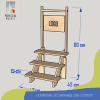Exhibidor desarmable en madera con letrero